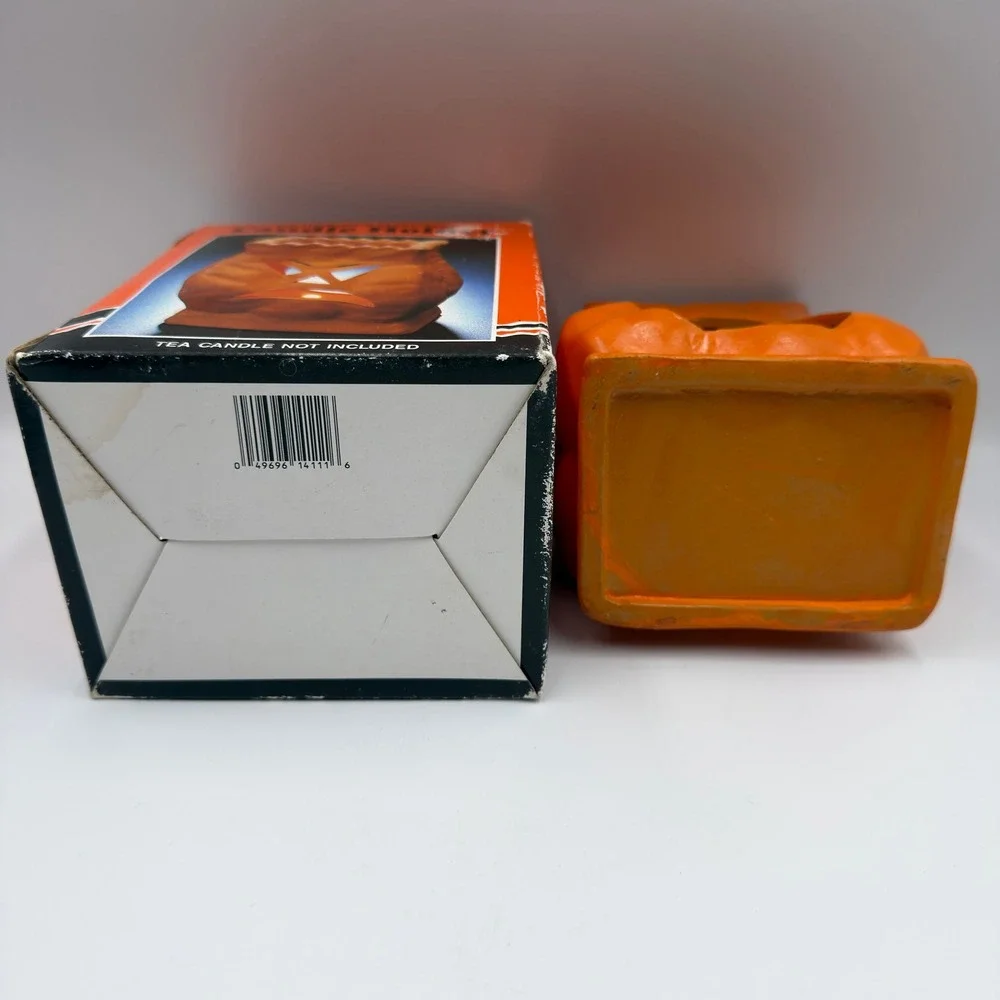 Vintage 1993 Four Star Earthenware Halloween Candle Holder Orange Jack O Lantern